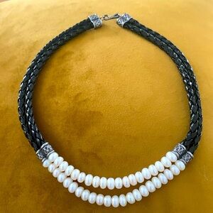 Vintage Faux Pearl and Black Corded Leather Necklace